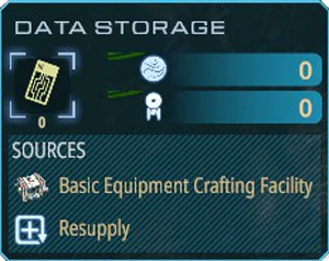 Data Storage resource tooltip lists Basic Equipment Crafting Facility and Resupply under Sources.